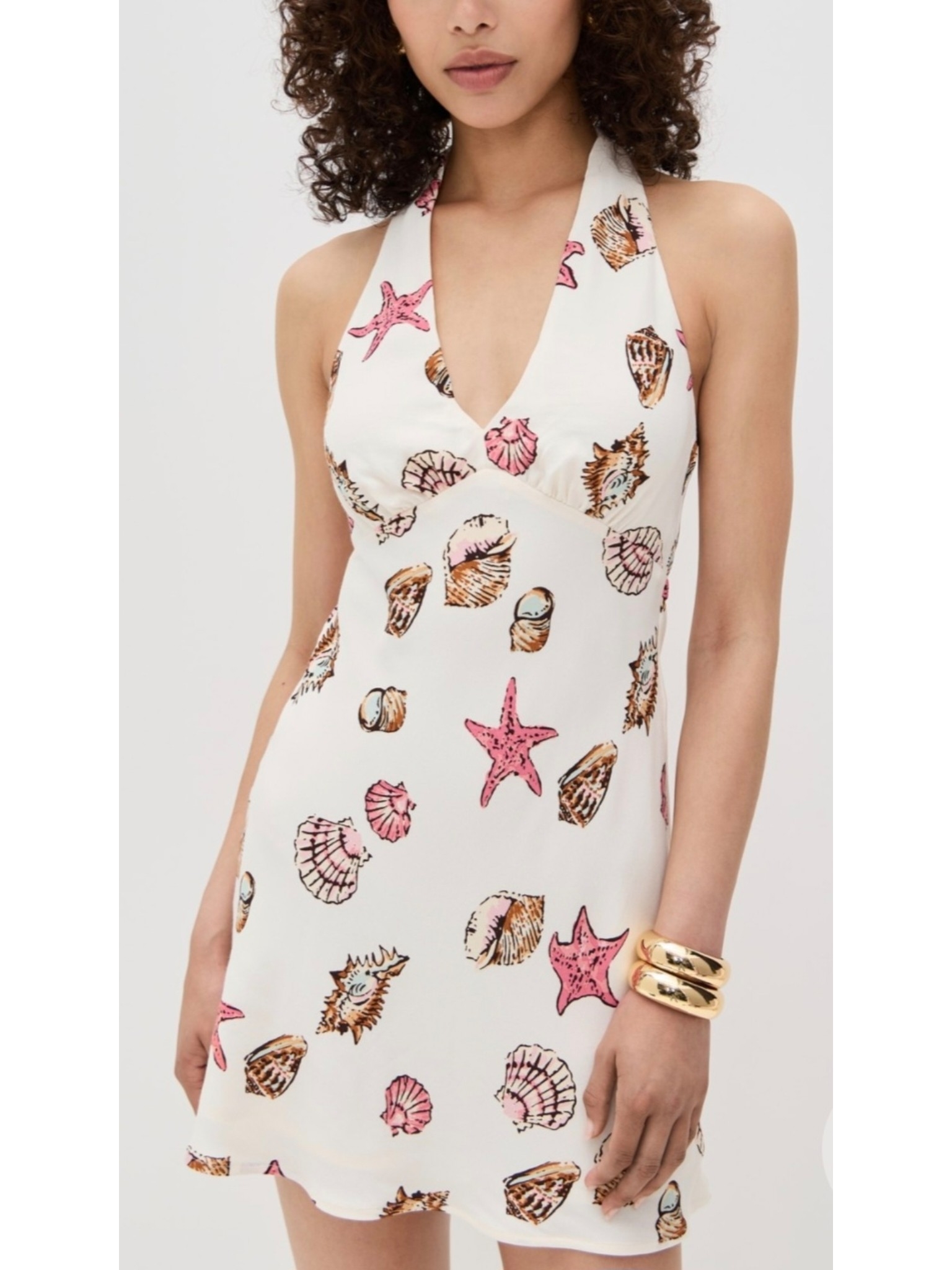 Seashell Print Halter Mini Dress - Pink & Cream Sz L